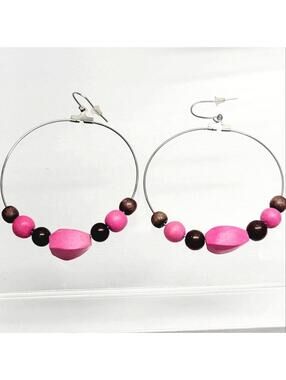 Pink Brown Wood Beaded Open Circle Hoop 2.5" Dangle Hook Earrings